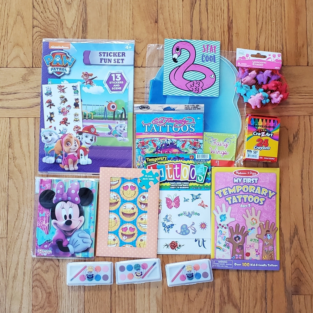 Kids Fun Pack! Bundles of 13 items, tattoos, journal, crayons, erasers